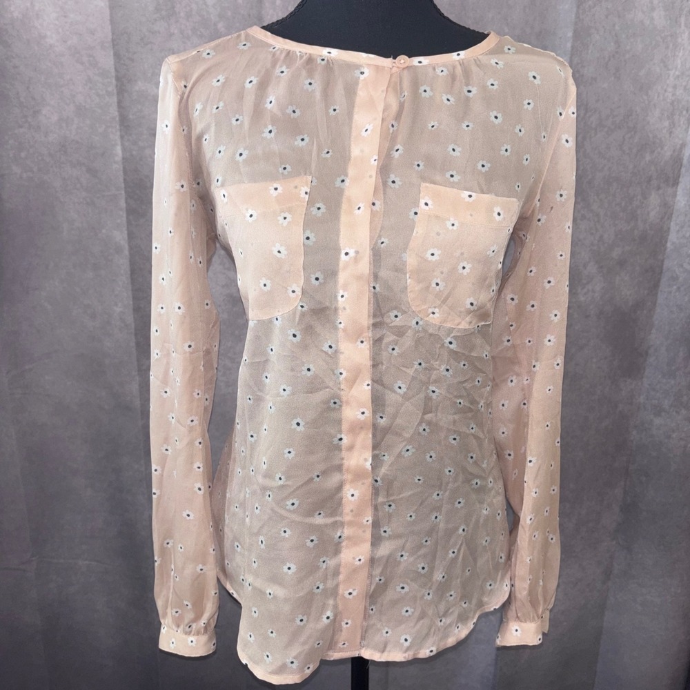 LOFT Beige Floral Daisy Cottagecore Chiffon Blouse Top Womens Small